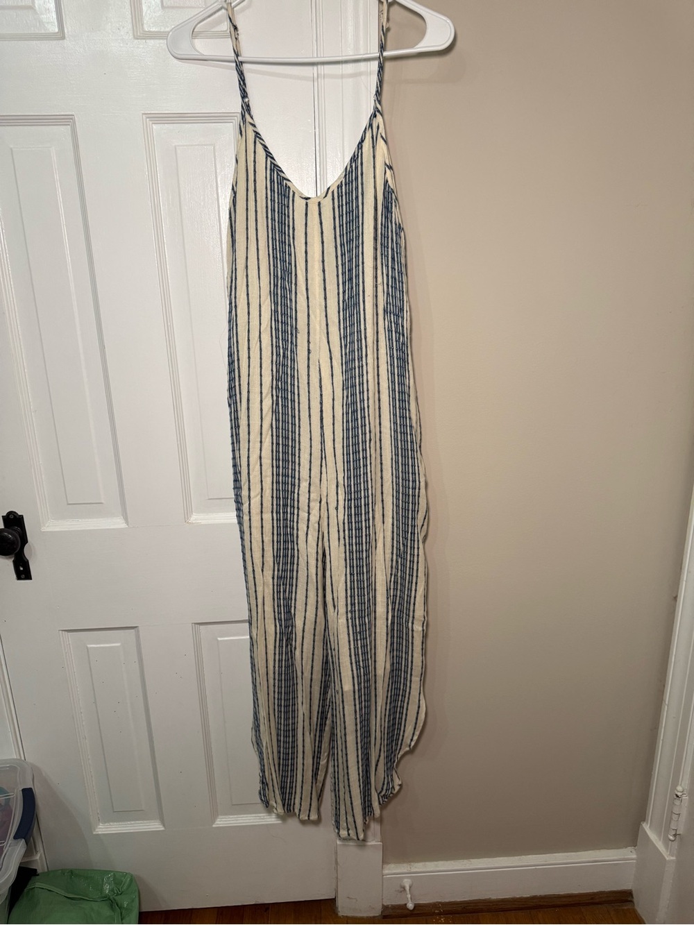 En Creme Cream and Navy Striped Spaghetti-Strap Jumpsuit